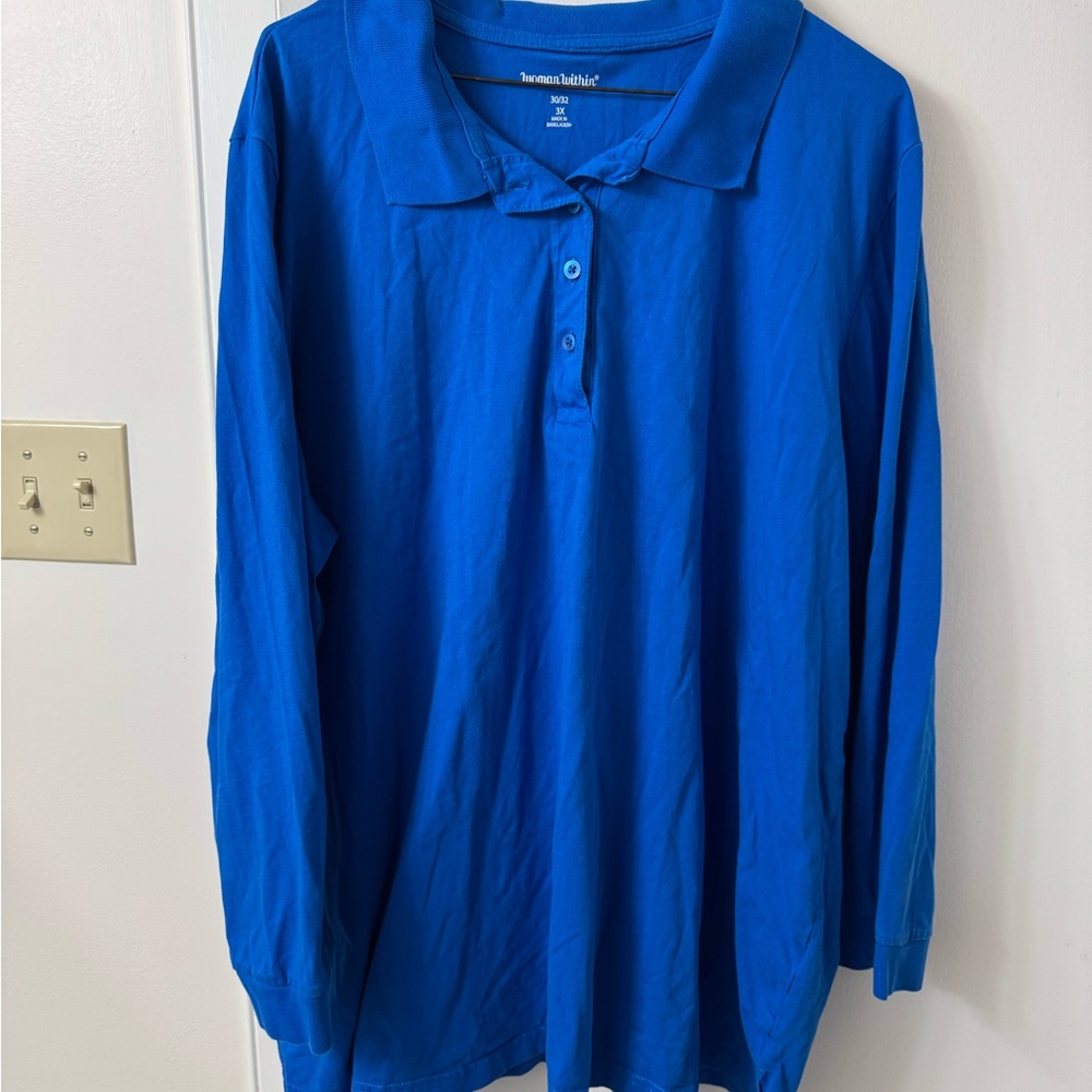 Woman Within Vibrant Blue Collared Shirt - Picture 2 of 3